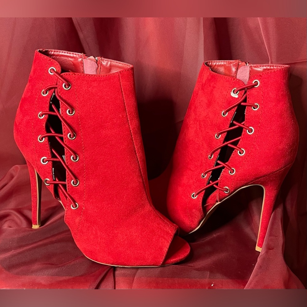 Red suede heels, 3 1/2 inches